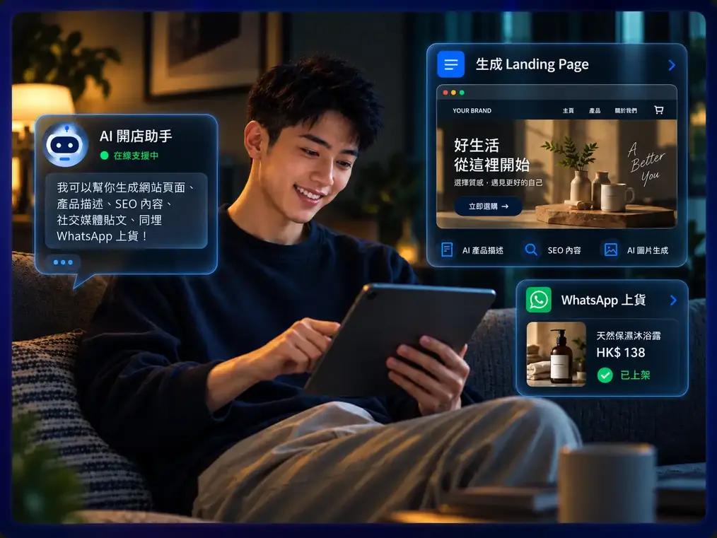Shopage AI 開店助手示意：生成網店頁面、產品描述、SEO 內容及圖片，並透過 WhatsApp 上貨。